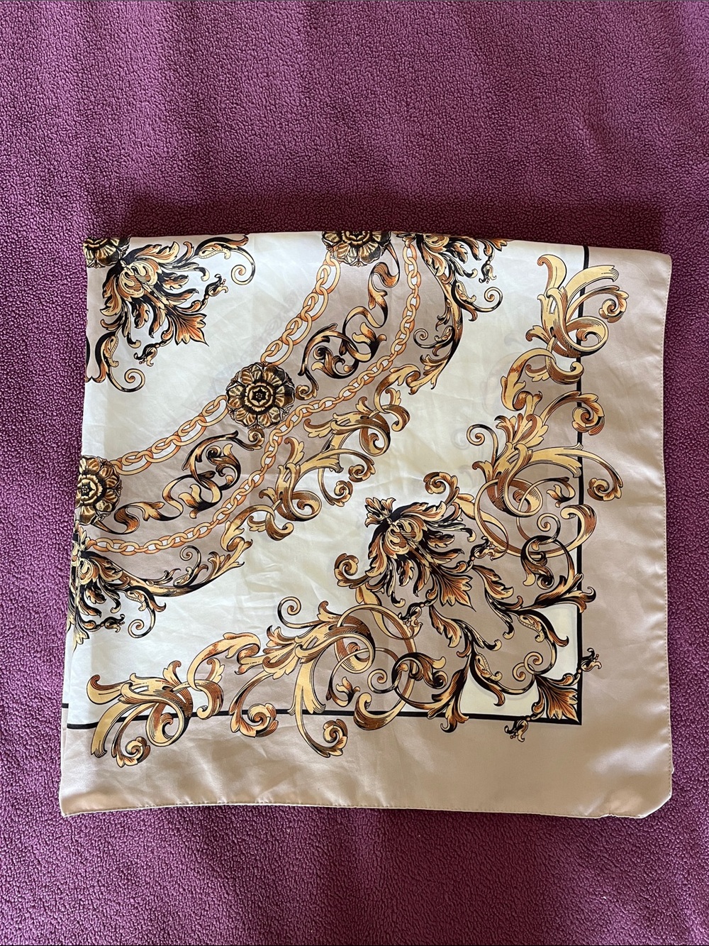 Baroque Print Silk Scarf in Cream and Gold. 34 inch square